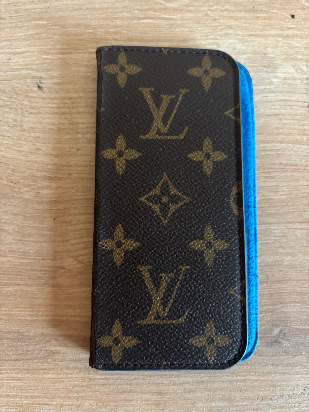 Louis Vuitton Monogram Brown Phone Folio with Bright Blue Lining